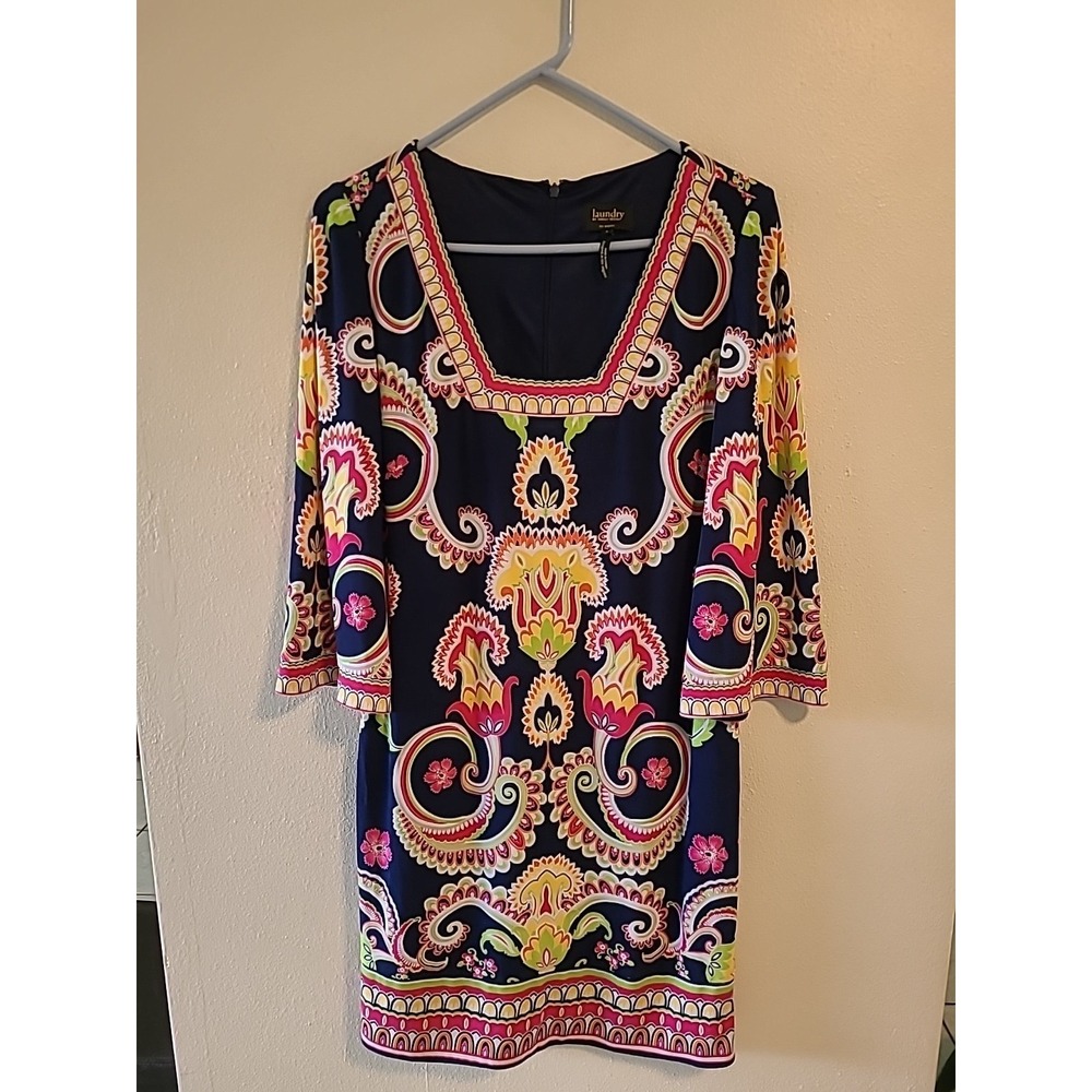 Laundry Shelli Segal Dress Medallion Abstract Floral Print Deep Square Neck Sz8